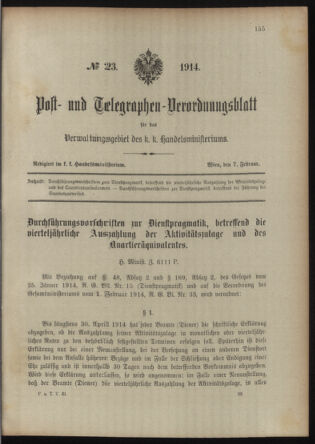 Post- und Telegraphen-Verordnungsblatt für das Verwaltungsgebiet des K.-K. Handelsministeriums 19140207 Seite: 1