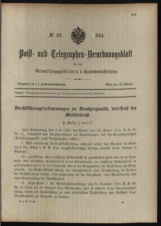 Post- und Telegraphen-Verordnungsblatt für das Verwaltungsgebiet des K.-K. Handelsministeriums 19140212 Seite: 1