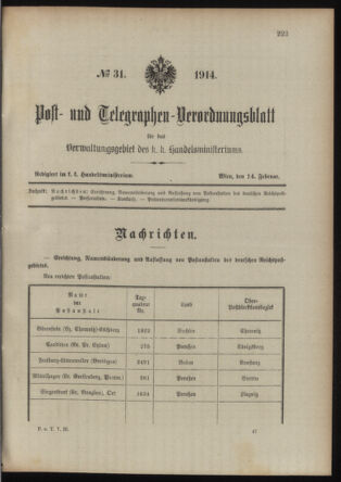 Post- und Telegraphen-Verordnungsblatt für das Verwaltungsgebiet des K.-K. Handelsministeriums 19140214 Seite: 1