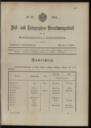 Post- und Telegraphen-Verordnungsblatt für das Verwaltungsgebiet des K.-K. Handelsministeriums 19140217 Seite: 1