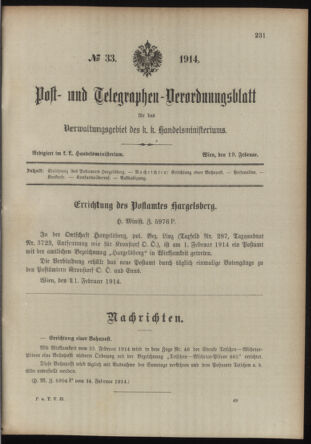 Post- und Telegraphen-Verordnungsblatt für das Verwaltungsgebiet des K.-K. Handelsministeriums 19140219 Seite: 1