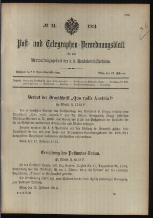 Post- und Telegraphen-Verordnungsblatt für das Verwaltungsgebiet des K.-K. Handelsministeriums 19140221 Seite: 1