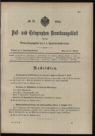 Post- und Telegraphen-Verordnungsblatt für das Verwaltungsgebiet des K.-K. Handelsministeriums 19140227 Seite: 1