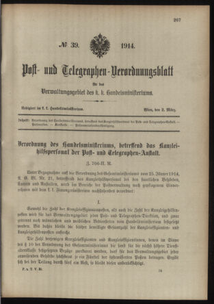 Post- und Telegraphen-Verordnungsblatt für das Verwaltungsgebiet des K.-K. Handelsministeriums 19140302 Seite: 1