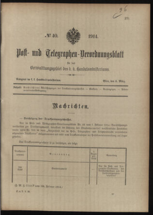 Post- und Telegraphen-Verordnungsblatt für das Verwaltungsgebiet des K.-K. Handelsministeriums 19140306 Seite: 1