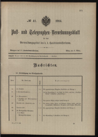 Post- und Telegraphen-Verordnungsblatt für das Verwaltungsgebiet des K.-K. Handelsministeriums 19140309 Seite: 1