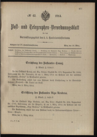 Post- und Telegraphen-Verordnungsblatt für das Verwaltungsgebiet des K.-K. Handelsministeriums 19140310 Seite: 1