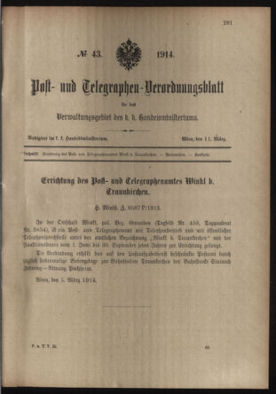 Post- und Telegraphen-Verordnungsblatt für das Verwaltungsgebiet des K.-K. Handelsministeriums 19140311 Seite: 1