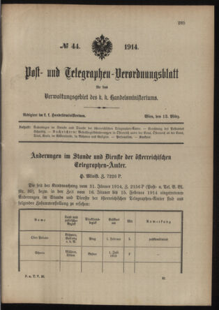 Post- und Telegraphen-Verordnungsblatt für das Verwaltungsgebiet des K.-K. Handelsministeriums 19140312 Seite: 1