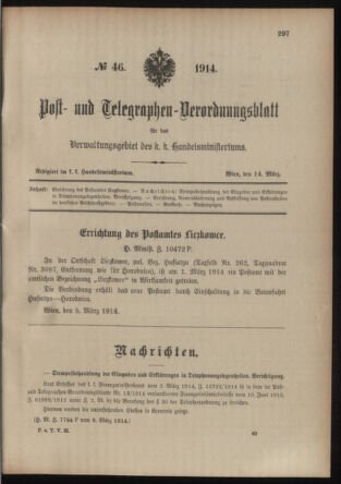 Post- und Telegraphen-Verordnungsblatt für das Verwaltungsgebiet des K.-K. Handelsministeriums 19140314 Seite: 1