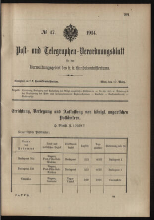 Post- und Telegraphen-Verordnungsblatt für das Verwaltungsgebiet des K.-K. Handelsministeriums 19140317 Seite: 1