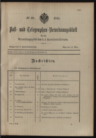 Post- und Telegraphen-Verordnungsblatt für das Verwaltungsgebiet des K.-K. Handelsministeriums 19140319 Seite: 1