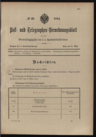 Post- und Telegraphen-Verordnungsblatt für das Verwaltungsgebiet des K.-K. Handelsministeriums 19140321 Seite: 1