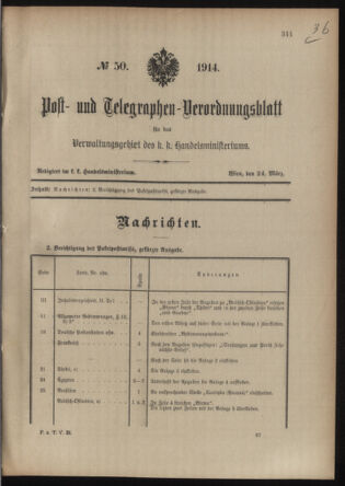 Post- und Telegraphen-Verordnungsblatt für das Verwaltungsgebiet des K.-K. Handelsministeriums 19140324 Seite: 1