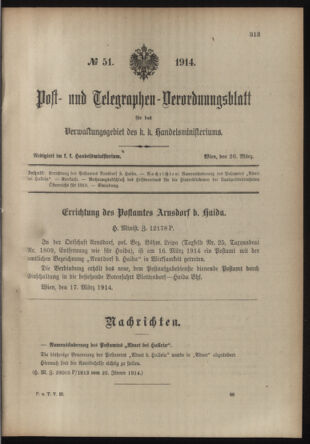 Post- und Telegraphen-Verordnungsblatt für das Verwaltungsgebiet des K.-K. Handelsministeriums 19140326 Seite: 1