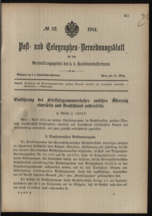 Post- und Telegraphen-Verordnungsblatt für das Verwaltungsgebiet des K.-K. Handelsministeriums 19140327 Seite: 1