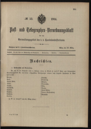 Post- und Telegraphen-Verordnungsblatt für das Verwaltungsgebiet des K.-K. Handelsministeriums 19140330 Seite: 1