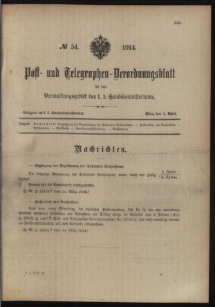 Post- und Telegraphen-Verordnungsblatt für das Verwaltungsgebiet des K.-K. Handelsministeriums 19140401 Seite: 1