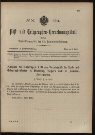 Post- und Telegraphen-Verordnungsblatt für das Verwaltungsgebiet des K.-K. Handelsministeriums 19140406 Seite: 1