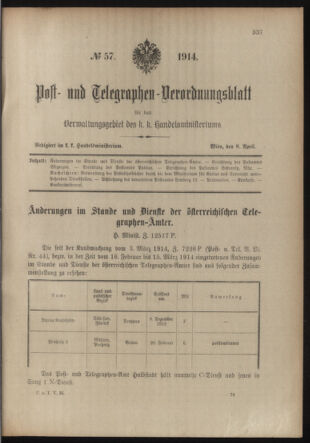 Post- und Telegraphen-Verordnungsblatt für das Verwaltungsgebiet des K.-K. Handelsministeriums 19140408 Seite: 1