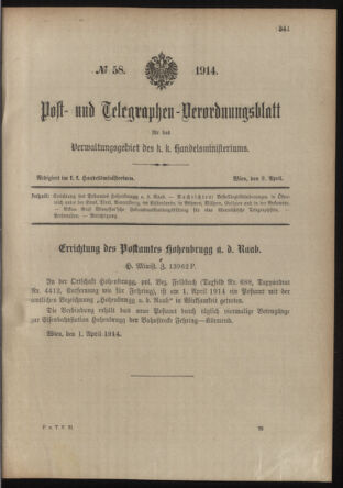 Post- und Telegraphen-Verordnungsblatt für das Verwaltungsgebiet des K.-K. Handelsministeriums 19140409 Seite: 1