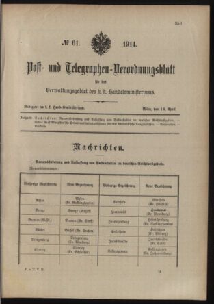 Post- und Telegraphen-Verordnungsblatt für das Verwaltungsgebiet des K.-K. Handelsministeriums 19140418 Seite: 1