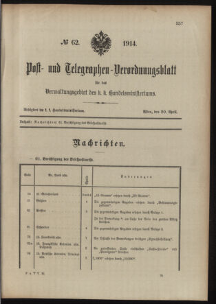 Post- und Telegraphen-Verordnungsblatt für das Verwaltungsgebiet des K.-K. Handelsministeriums 19140420 Seite: 1