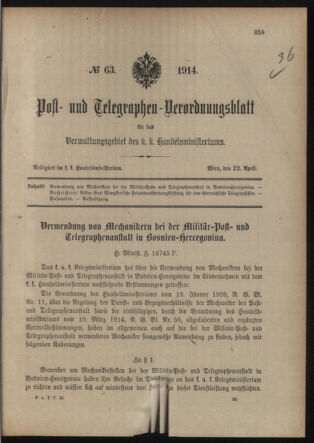 Post- und Telegraphen-Verordnungsblatt für das Verwaltungsgebiet des K.-K. Handelsministeriums 19140422 Seite: 1