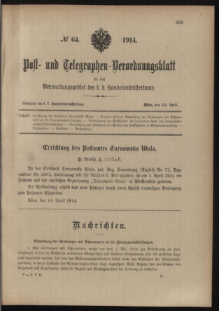 Post- und Telegraphen-Verordnungsblatt für das Verwaltungsgebiet des K.-K. Handelsministeriums 19140423 Seite: 1