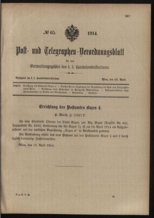 Post- und Telegraphen-Verordnungsblatt für das Verwaltungsgebiet des K.-K. Handelsministeriums 19140425 Seite: 1