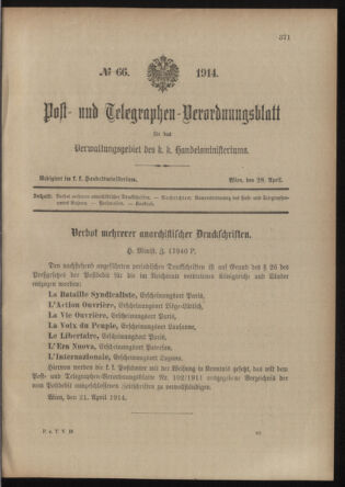 Post- und Telegraphen-Verordnungsblatt für das Verwaltungsgebiet des K.-K. Handelsministeriums 19140428 Seite: 1