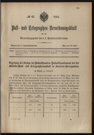 Post- und Telegraphen-Verordnungsblatt für das Verwaltungsgebiet des K.-K. Handelsministeriums 19140430 Seite: 1