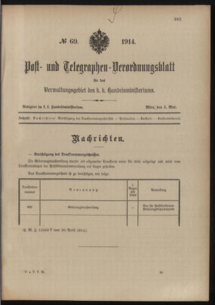 Post- und Telegraphen-Verordnungsblatt für das Verwaltungsgebiet des K.-K. Handelsministeriums 19140505 Seite: 1