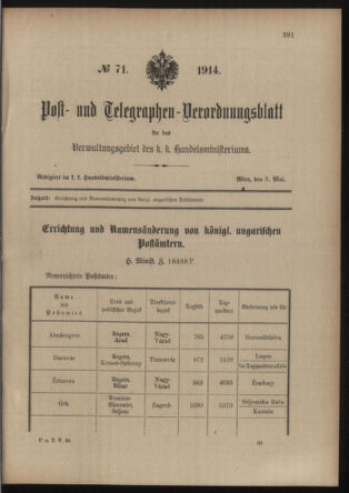 Post- und Telegraphen-Verordnungsblatt für das Verwaltungsgebiet des K.-K. Handelsministeriums 19140509 Seite: 1