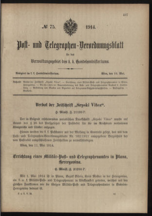 Post- und Telegraphen-Verordnungsblatt für das Verwaltungsgebiet des K.-K. Handelsministeriums 19140516 Seite: 1