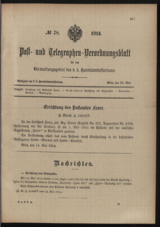 Post- und Telegraphen-Verordnungsblatt für das Verwaltungsgebiet des K.-K. Handelsministeriums 19140522 Seite: 1