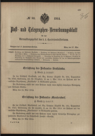 Post- und Telegraphen-Verordnungsblatt für das Verwaltungsgebiet des K.-K. Handelsministeriums 19140527 Seite: 1