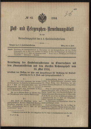 Post- und Telegraphen-Verordnungsblatt für das Verwaltungsgebiet des K.-K. Handelsministeriums 19140604 Seite: 1