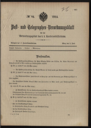 Post- und Telegraphen-Verordnungsblatt für das Verwaltungsgebiet des K.-K. Handelsministeriums 19140605 Seite: 1