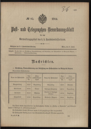 Post- und Telegraphen-Verordnungsblatt für das Verwaltungsgebiet des K.-K. Handelsministeriums 19140606 Seite: 1