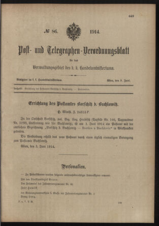 Post- und Telegraphen-Verordnungsblatt für das Verwaltungsgebiet des K.-K. Handelsministeriums 19140609 Seite: 1