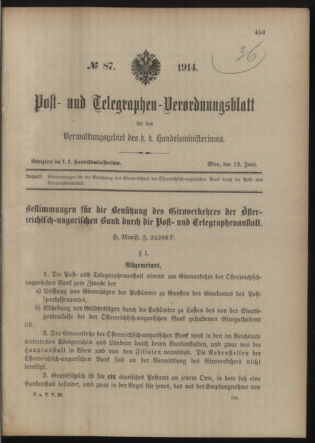 Post- und Telegraphen-Verordnungsblatt für das Verwaltungsgebiet des K.-K. Handelsministeriums 19140612 Seite: 1