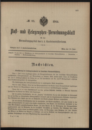 Post- und Telegraphen-Verordnungsblatt für das Verwaltungsgebiet des K.-K. Handelsministeriums 19140612 Seite: 29