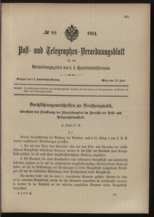 Post- und Telegraphen-Verordnungsblatt für das Verwaltungsgebiet des K.-K. Handelsministeriums 19140613 Seite: 1