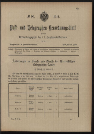 Post- und Telegraphen-Verordnungsblatt für das Verwaltungsgebiet des K.-K. Handelsministeriums 19140616 Seite: 1