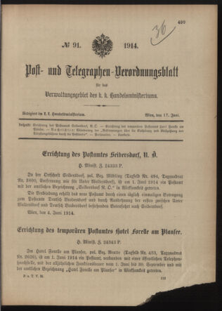 Post- und Telegraphen-Verordnungsblatt für das Verwaltungsgebiet des K.-K. Handelsministeriums 19140617 Seite: 1