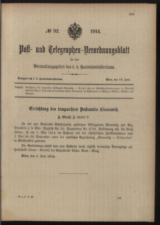 Post- und Telegraphen-Verordnungsblatt für das Verwaltungsgebiet des K.-K. Handelsministeriums 19140618 Seite: 1