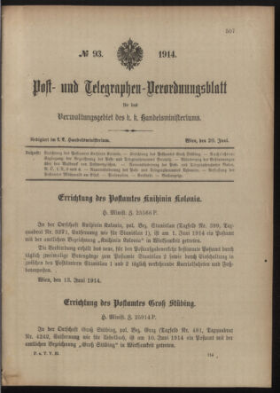 Post- und Telegraphen-Verordnungsblatt für das Verwaltungsgebiet des K.-K. Handelsministeriums 19140620 Seite: 1