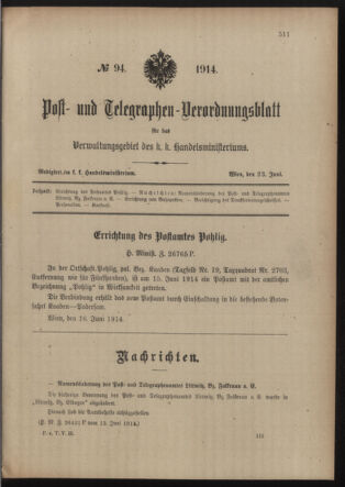 Post- und Telegraphen-Verordnungsblatt für das Verwaltungsgebiet des K.-K. Handelsministeriums 19140623 Seite: 1