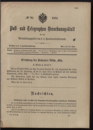 Post- und Telegraphen-Verordnungsblatt für das Verwaltungsgebiet des K.-K. Handelsministeriums 19140624 Seite: 1